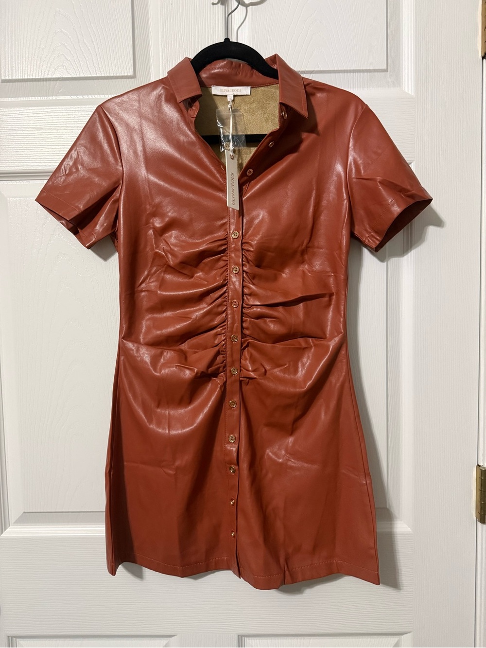 Olivaceous NWT Button- Front Ruched Faux Leather Shirt Dress - M - Picture 2 of 7